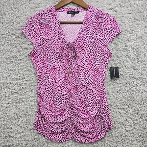 INC Pink Leopard‎ Print Top Womens Small Lace Up Ruched Cap Sleeve Animal Print